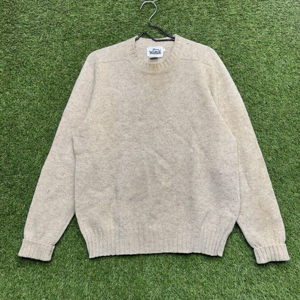 Vintage Woolrich 100% Shetland Wool Sweater Mens Large Beige Crew Neck 80s